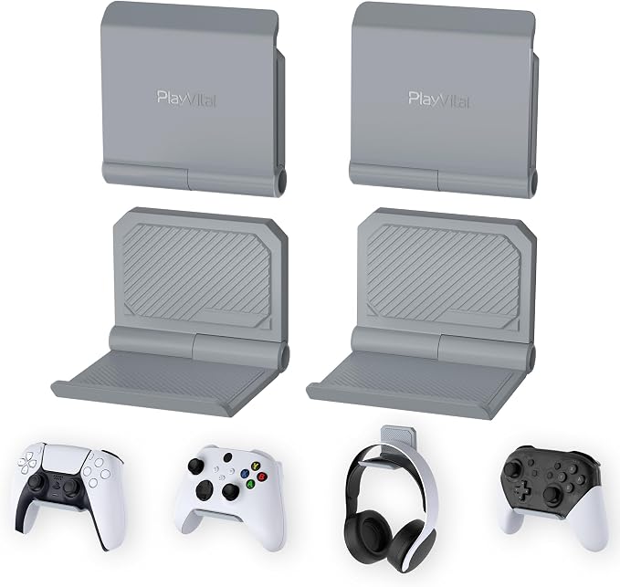 playvital Support for PS5 Controller/Console/Headset, Door for PS4 Controller Stand Holder for Nintendo Switch Pro for Xbox Wireless Headset, Fold Base Base 4 PCS-Grey - Image 1