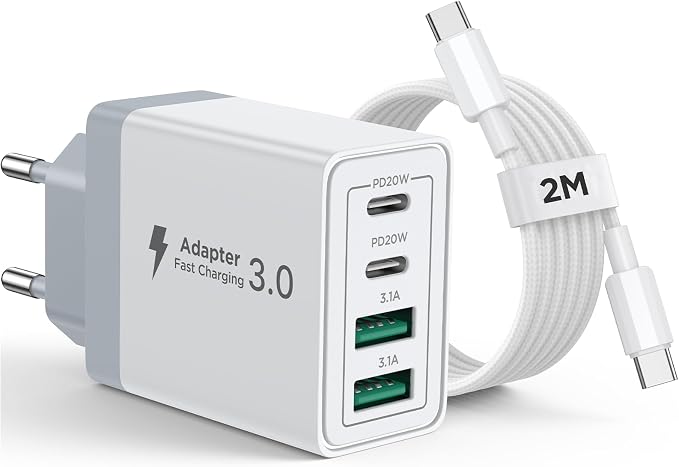 Aioneus iPhone Charger, 40W 4 Port USB C Fast Charger Multiple USBC Plug with 2m USB C Cable for iPhone 16 15 Pro Max Plus 16th iPad, Samsung, AC Adapter Type C with 60W Cable C to C - Image 1