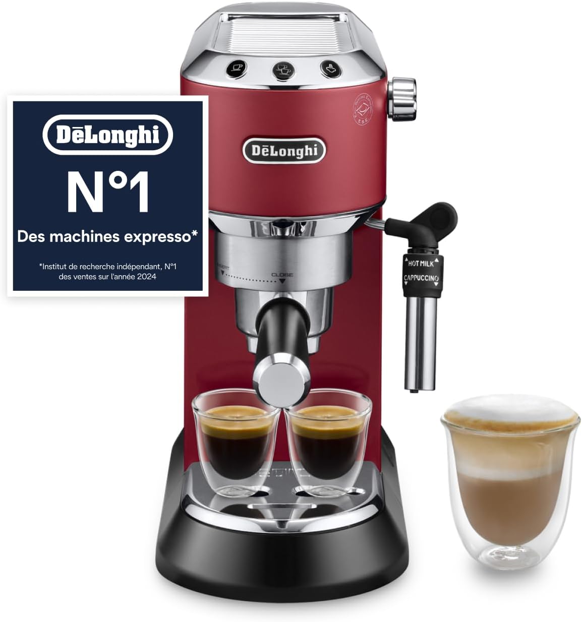 De'Longhi Dedica Style EC685.R Stainless Steel Pump Coffee Machine for Ground Coffee or Pods, Espresso and Cappuccino Machine, 1.3L Tank, Drip Free System, Red - Image 1