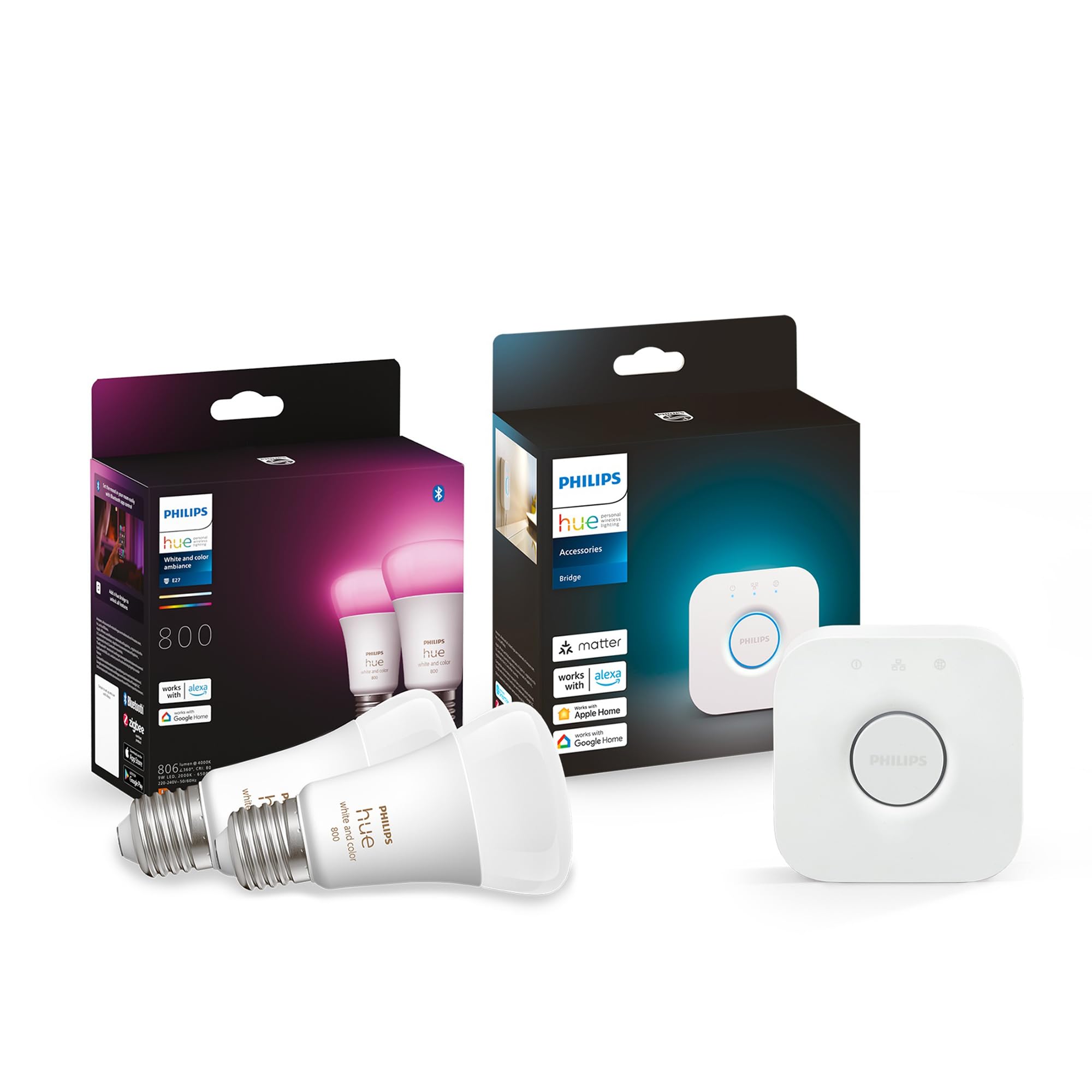 Philips Hue Kit de Démarrage Ambiance Blanc et Couleur : 2 Ampoules connectées LED E27 60W, Contrôle Bluetooth et Pont, fonctionne avec Alexa/Google Home, Expérience Lumineuse Personnalisée - Image 1