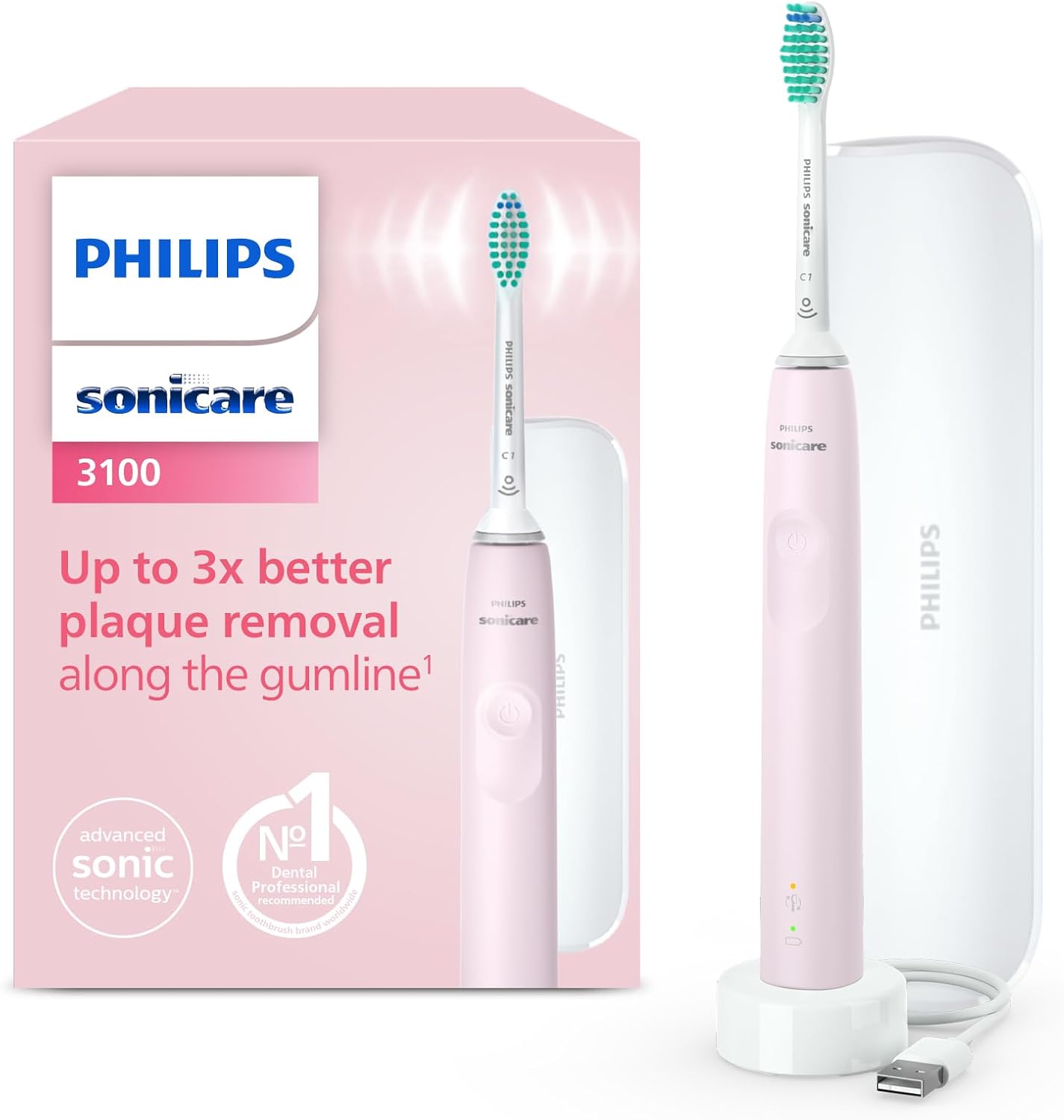 Philips Sonicare 3100, Brosse à dents électrique sonique, capteur de pression et minuterie, étui de voyage, rose pastel, modèle HX3673/11 - Image 1
