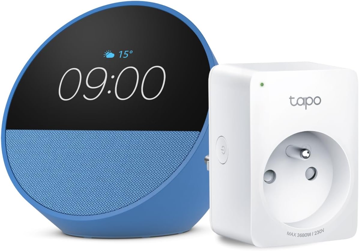 Echo Spot | Bleu + Tapo Matter Prise Connectée, Fonctionne avec Alexa - Kit de démarrage Maison connectée - Image 1