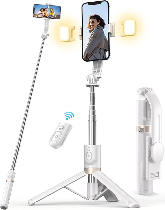 Bluetooth Selfie Stick for iPhone - 2 Rechargeable Lights, More Stable Extendable Travel Tripod up to 114CM with Remote Shutter for Google/Huawei/Xiaomi (White) - Image 1