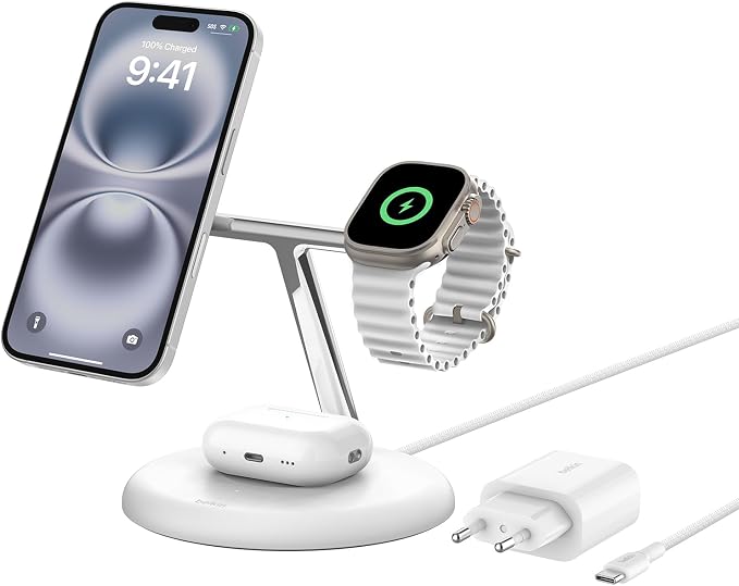 Belkin BoostCharge Pro 3-in-1 Charging Station with Qi2, 15W, MagSafe, for iPhone 17, iPhone Air, 16, Pixelsnap, AirPods, Apple Watch, etc., AC Adapter Included - White - Image 1