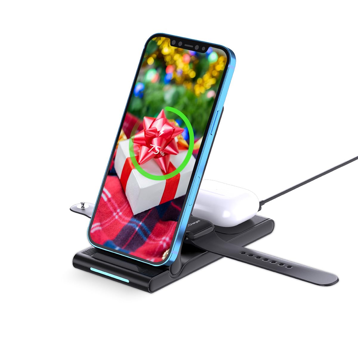 MMOBIEL Wireless Charging Stand Compatible with iPhone, Apple Watch and AirPods - 3-in-1 Foldable Fast Charger Compatible with Qi Magsafe Wireless Charging Stand for Phone - Black - Image 1