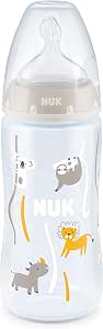 NUK First Choice+ Baby Bottle, 6-18 Months, Temperature Control, Flow Control, Anti-Colic Valve, 300 ml, BPA Free, Silicone Teat Safari (Neutral) - Image 1