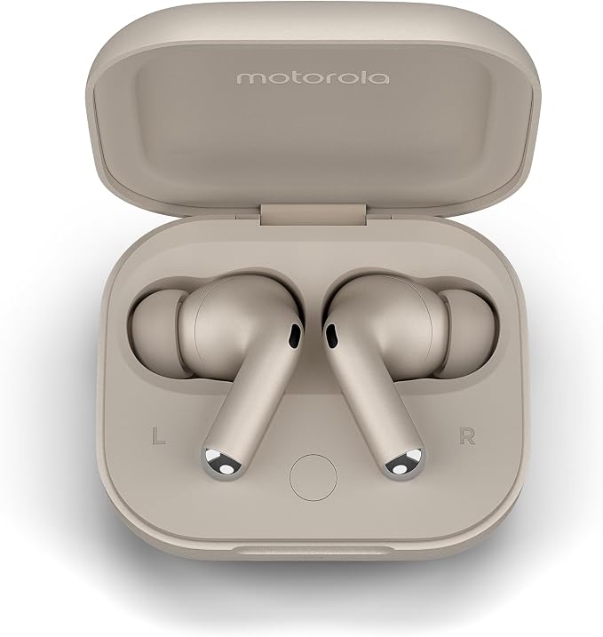 Motorola Moto Buds Plus, Wireless Earphones, Active Noise Reduction, Sound by Bose Wireless Earphones, Dolby Atmos Spatialized Sound with, Bluetooth Headphones Battery Life Up to 38h, Sand Beige - Image 1