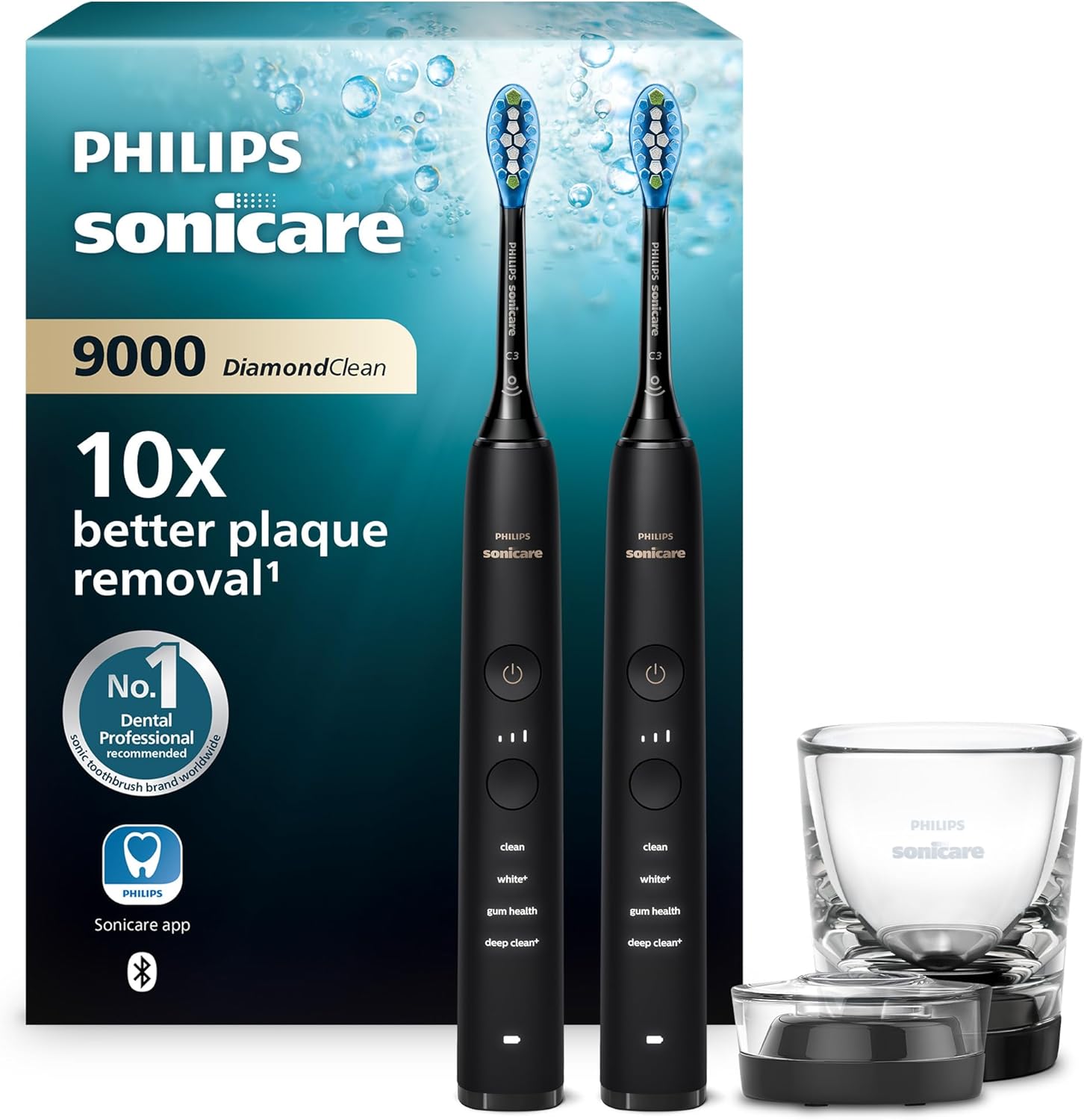 Philips Sonicare DiamondClean 9000, Brosse à dents électrique sonique avec application, capteur de pression, 4 modes de brossage, 3 niveaux d'intensité, verre de charge, noir, pack de deux, HX9914/54 - Image 1