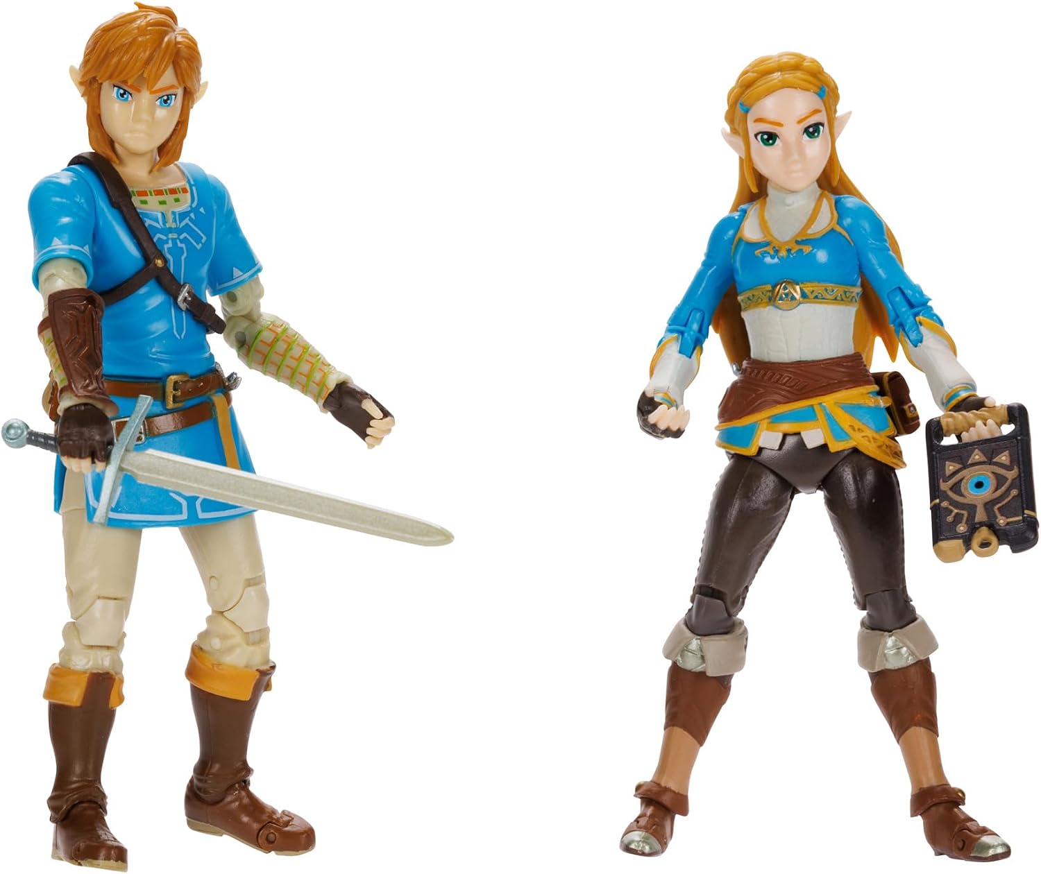 Nintendo Zelda - Pack of 2 Link and Zelda Action Figures - 11 cm - 20 Points of Articulation - Official Zelda Breath of The Wild - Sheikah Tablet and Soldier Sword Accessories - Ages 3+ - Image 1
