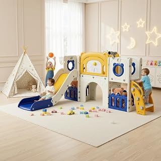 MAMIZO 10 en 1 Toboggan pour Tout-Petits, Toboggan Enfant Panier de Basket et Télescope, Jeu Exterieur Enfant, Aire de Jeux Intérieure et Extérieure, Stockage et Tunnel, mit 4PCS Moduls, Bleu et Jaune - Image 1