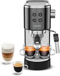 Krups Virtuoso+, Manual espresso machine, Pump coffee, Ground coffee or pods, 15 bars, Stainless steel, Steam nozzle, Espresso and cappuccino, Black, XP444G10 - Image 1