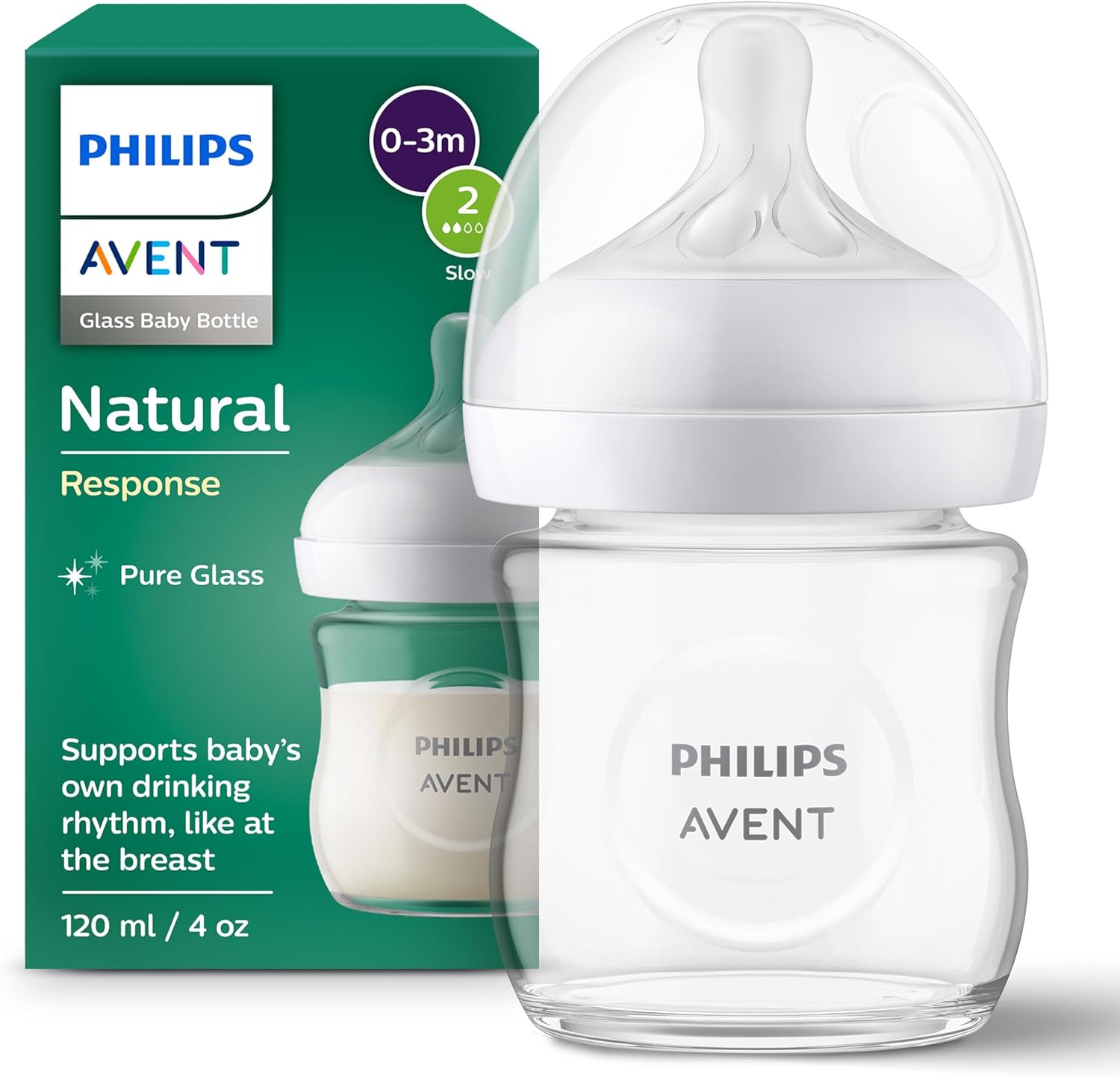 Philips Avent Biberon en verre à Réponse Naturelle - 120 ml, sans BPA pour les nouveau-nés de 0 mois et + (modèle SCY930/01) - Image 1