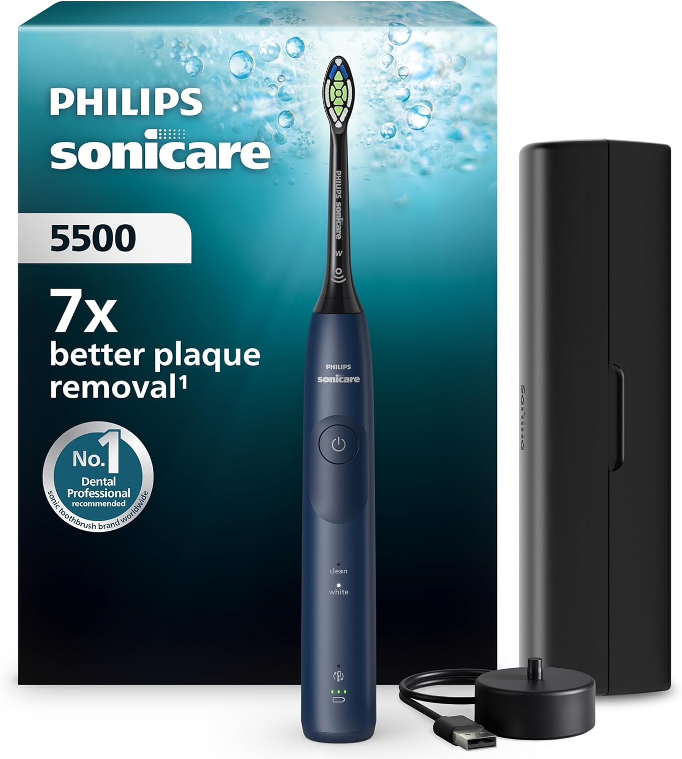 Philips Sonicare 5500 - Brosse à dents électrique sonique avec 2 modes, Alerte de pression, EasyStart, SmarTimer et BrushPacer, Bleu marine, modèle HX7113/01 - Image 1