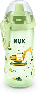 NUK Flexi Cup Learning Bottle with Straw, 300 ml, Leak Proof & Shatterproof, BPA Free, 12+ Months, Excavator, Green - Image 1