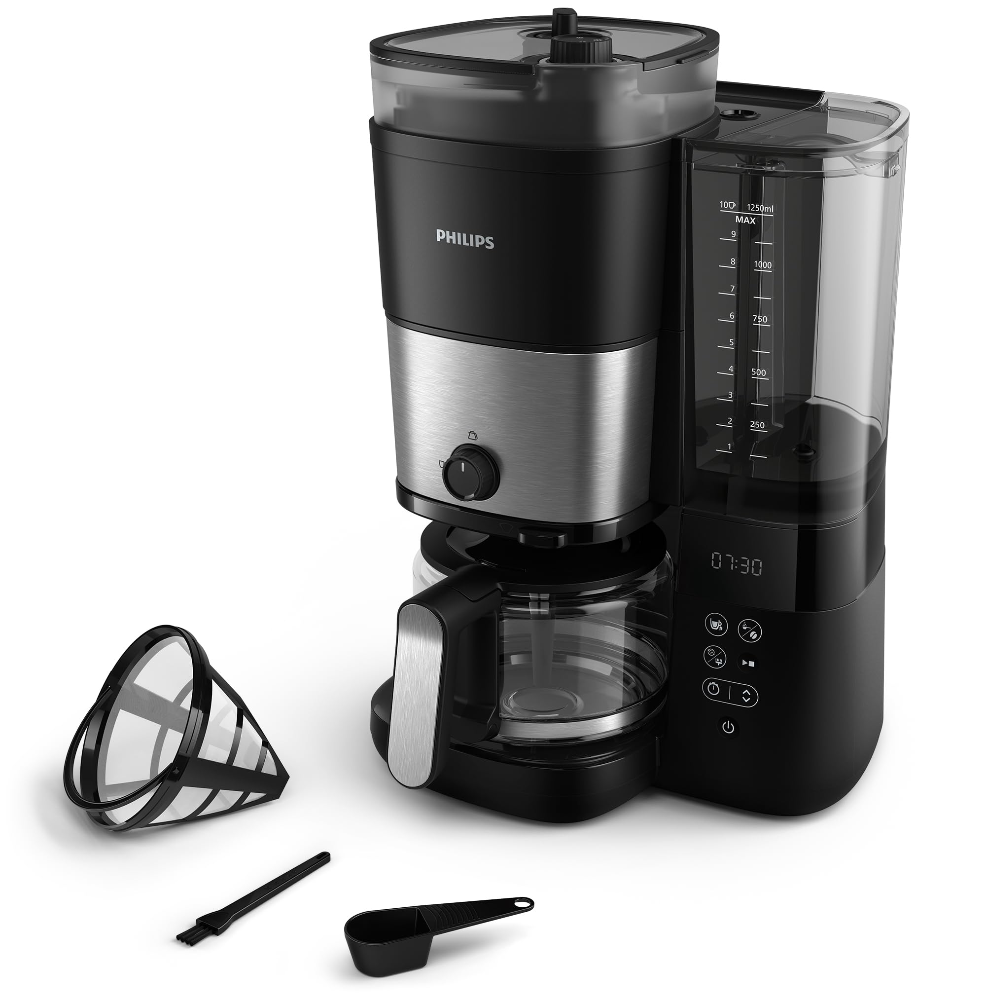 Philips All-in-1 Filter Coffee Maker - Integrated Conical Grinder for Fresh Beans - Prepare in a 1.25L Glass Pitcher or Directly in a Cup - Image 1