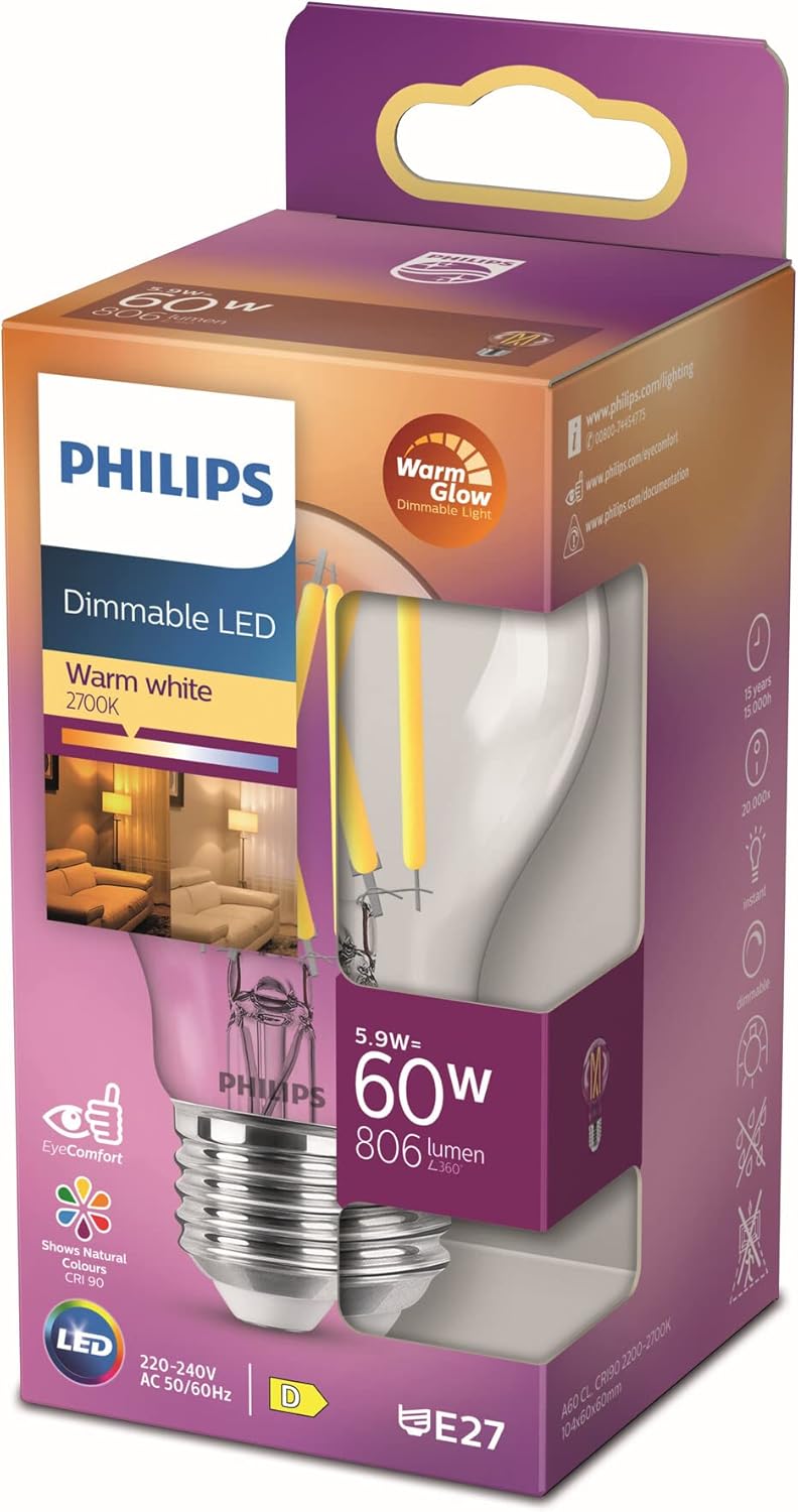 Philips Ampoule LED Classic E27 WarmGlow, 60 W, à intensité variable, claire, blanc chaud - Image 1