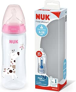 NUK First Choice+ Flow Control Bottle | 6-18 Months | Temperature Control | Silicone Nipple | Anti-Colic Valve | BPA Free | 360 ml | Pink | 1 Unit - Image 1
