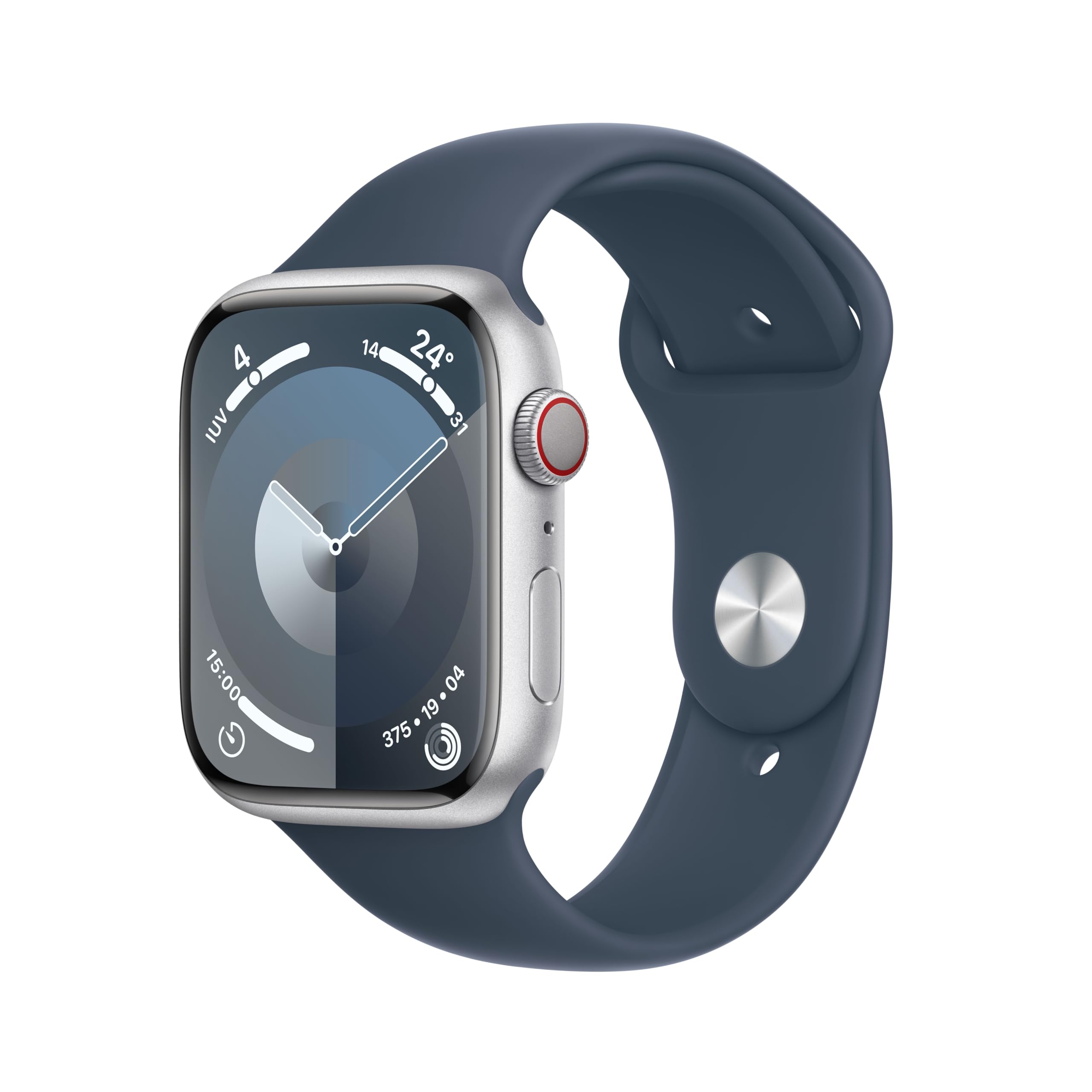 Apple Watch Series 9 [GPS + Cellular, 45mm] Silver Aluminium Case with Storm Blue Sport Strap, M/L (Refurbished) - Image 1