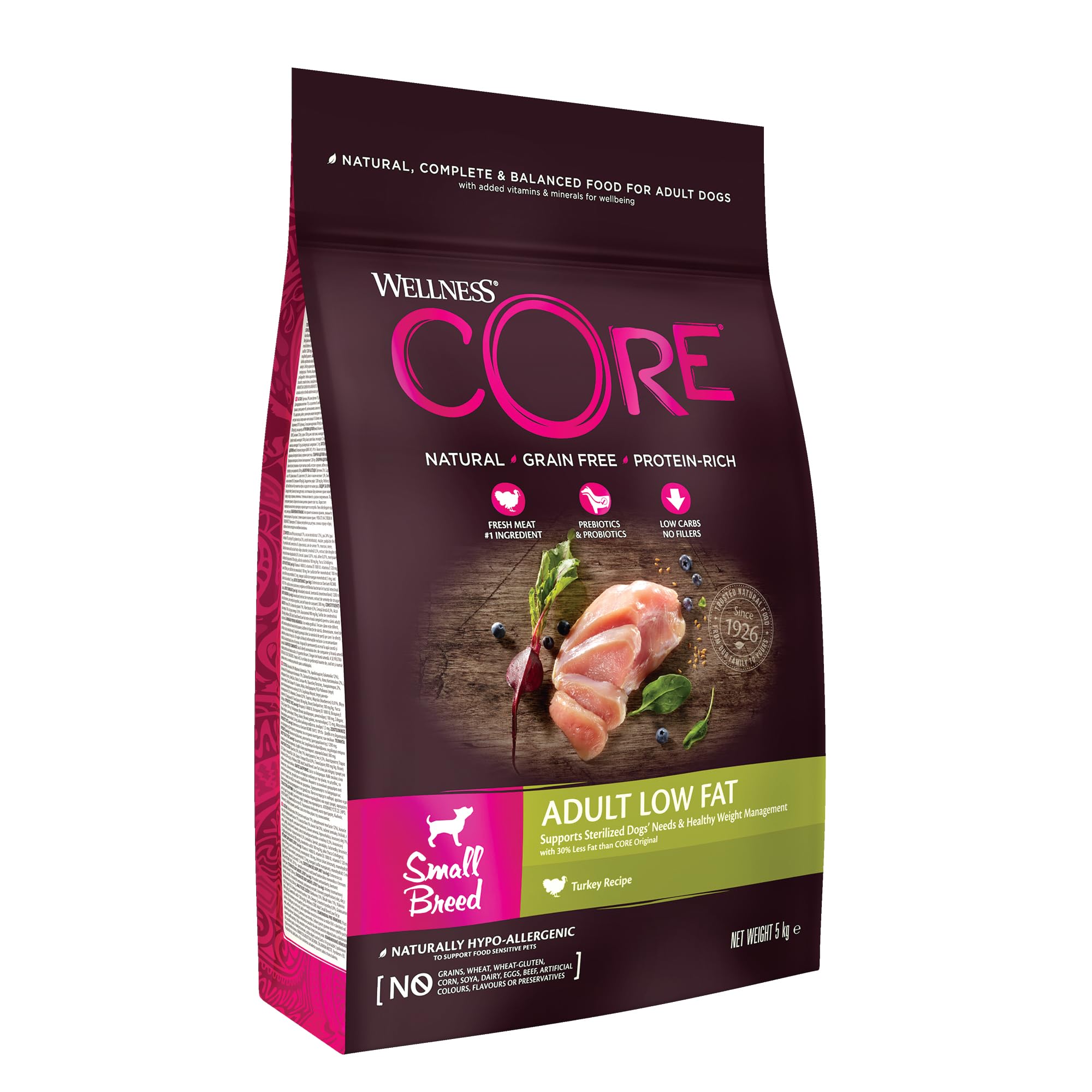 Wellness CORE Small Breed Adult Low Fat, Croquettes Chien sans Cereales, pour Chiens de Petite Race, à Haute Teneur en Viande, Dinde, 5 kg - Image 1