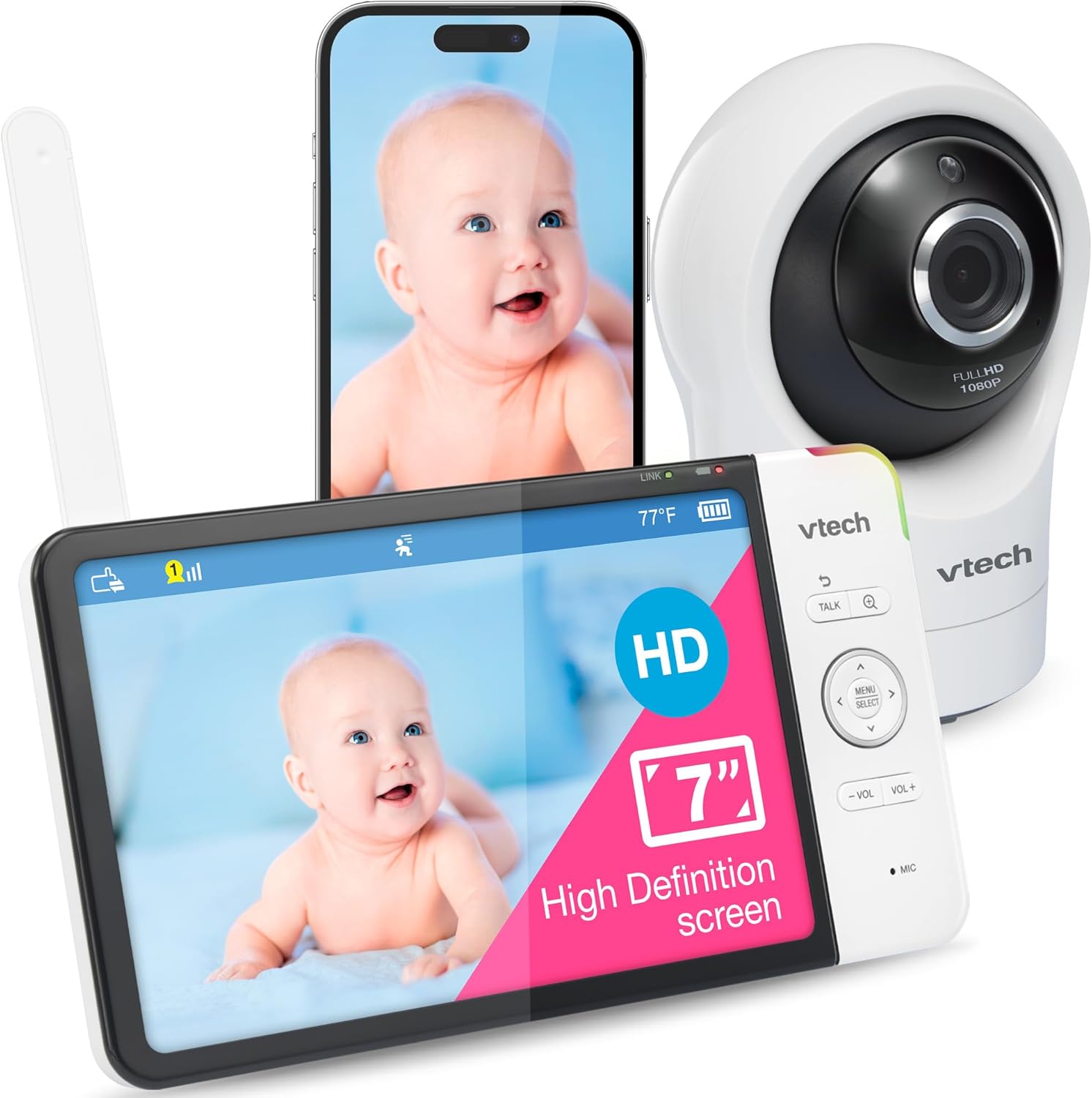 VTech RM7764HD 1080p WiFi Remote Access Baby Monitor, 360° Pan&Tilt, 7" 720p HD Display, HD Night Vision, Soothing Sounds, 2-Way Talk, Temperature Sensor, Motion Detection, iOS & Android - Image 1