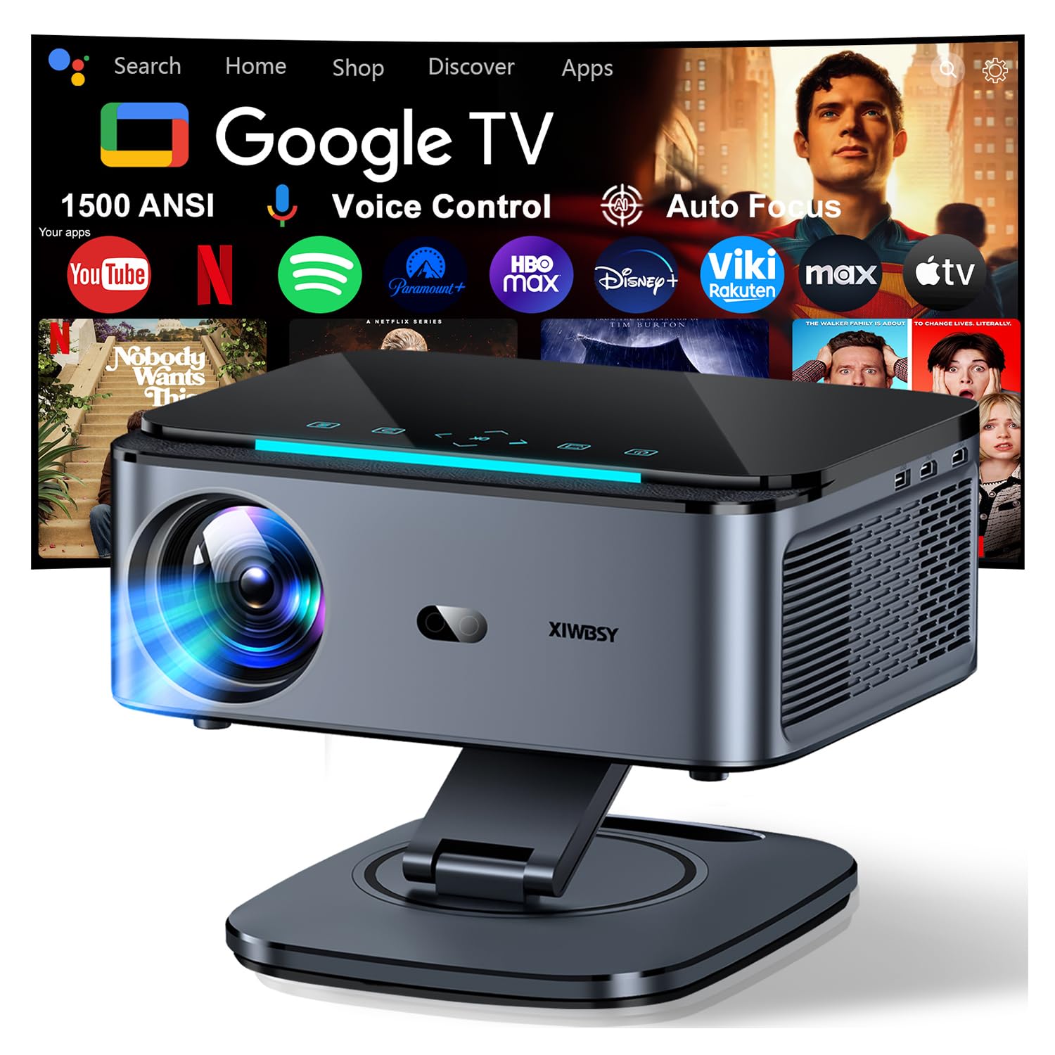 Video Projector【1500 ANSI/Auto Focus/360° Rotation】 XIWBSY Video Projector Google TV/Voice Control, WiFi 6 Bluetooth 5.3, 4K Projector Supported 38000 Lumen, Projector Home Cinema/Outdoor - Image 1