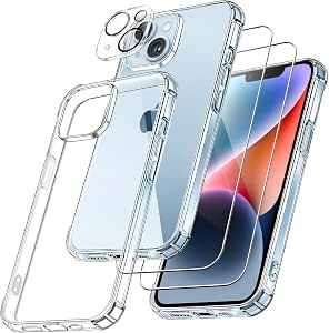 FLLAO 4 in 1 Case for iPhone 14 with 2 Tempered Glass and 1 Camera Protector, [Built-in Air Cushion] Shockproof Anti-Scratch Bumper Protection Cover for iPhone 14 6.1 Inch, Transparent - Image 1
