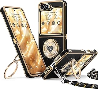 XYZ Coque pour Samsung Galaxy Z Flip 5 / Flip 6, avec Double Anneau de Support Cœur, avec Lanière pour Filles et Femmes, Coque de Protection Luxe Mignonne et Scintillante, Noir - Image 1