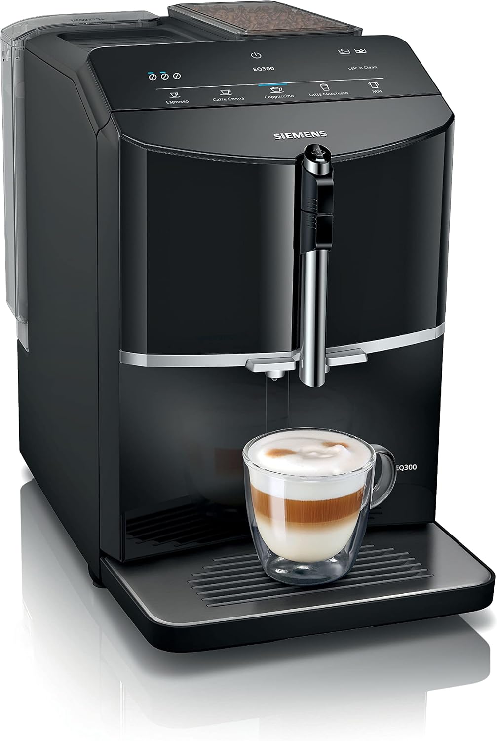 SIEMENS, fully automatic coffee machine, EQ300, ceramDrive, milkPerfect, oneTouch function, piano black, TF301E19 - Image 1