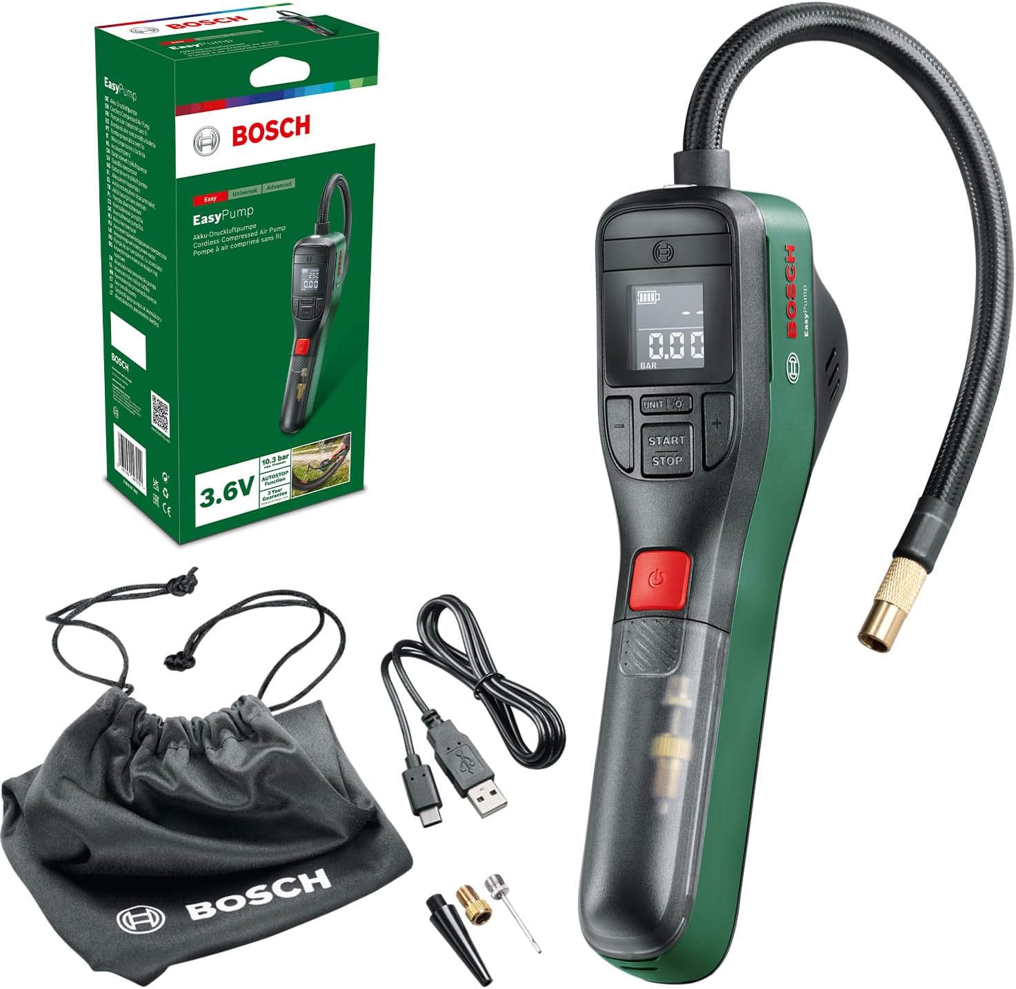 Bosch pompe à vélo pompe à air mini-compresseur électrique EasyPump (batterie 3,0 Ah, 3,6 V, fonction Autostop, 150 PSI, 10,3 bar, LED, rechargeable via câble USB-C, dans boîte carton) - Image 1