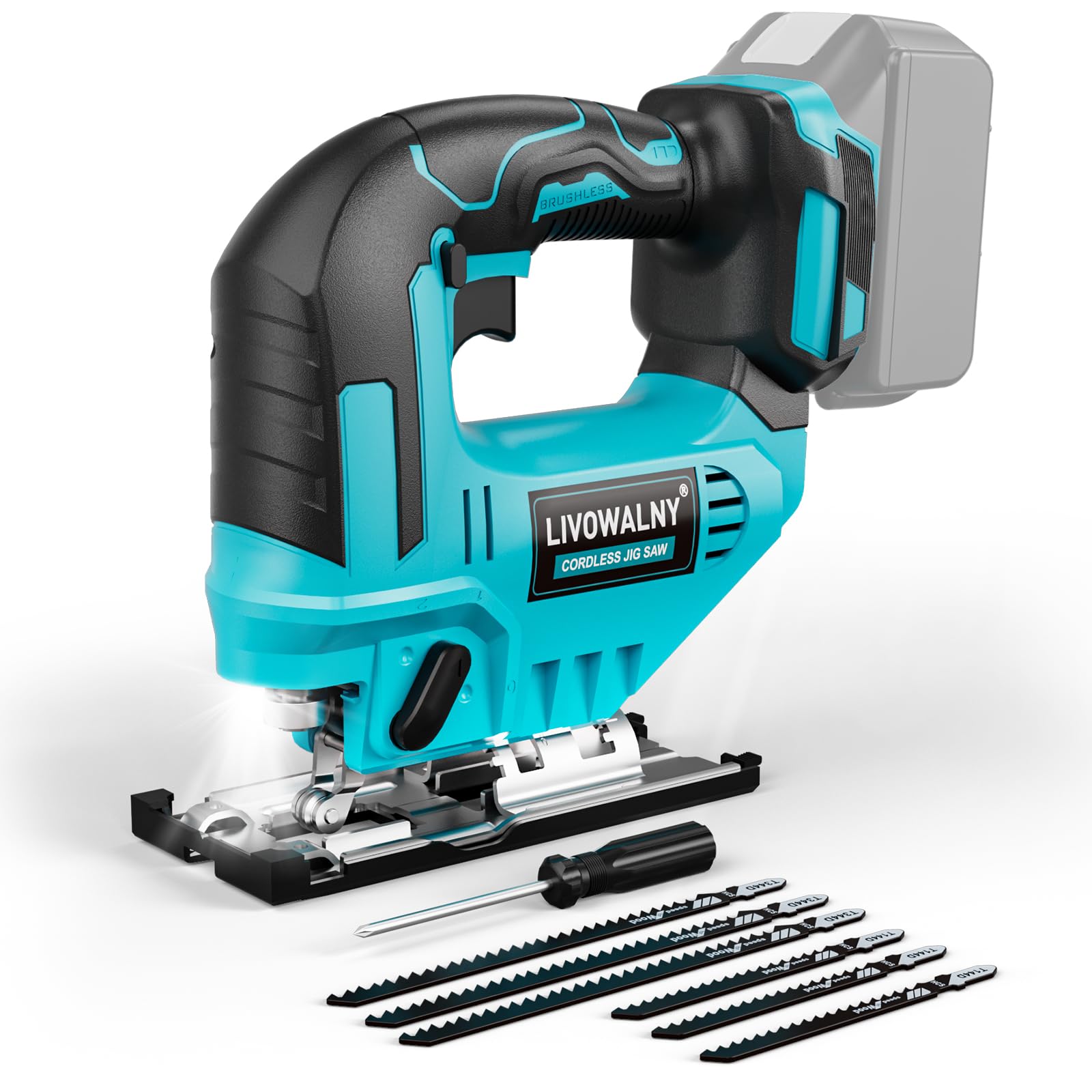 LIVOWALNY Cordless Jigsaw Compatible with Makita 18V, Variable Speed, 45° Bevel Cut, with 6 Blades - for Wood, Metal and Plastic (Battery Not Included) - Image 1