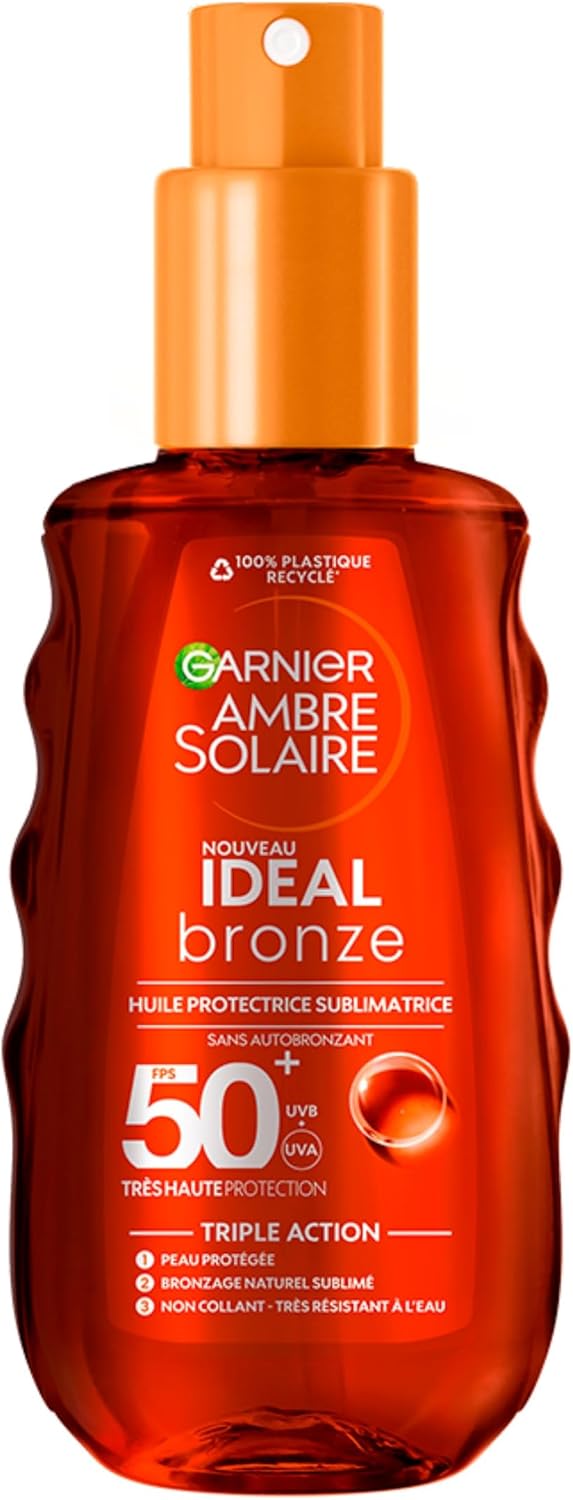 Garnier Ambre Solaire – Ideal Bronze – Huile Protectrice Sublimatrice de Bronzage – Très Haute Protection FPS 50+ - Enrichie à la Vitamine E – Non Gras – Non Collant – Tous Types de Peau - 150 ml - Image 1