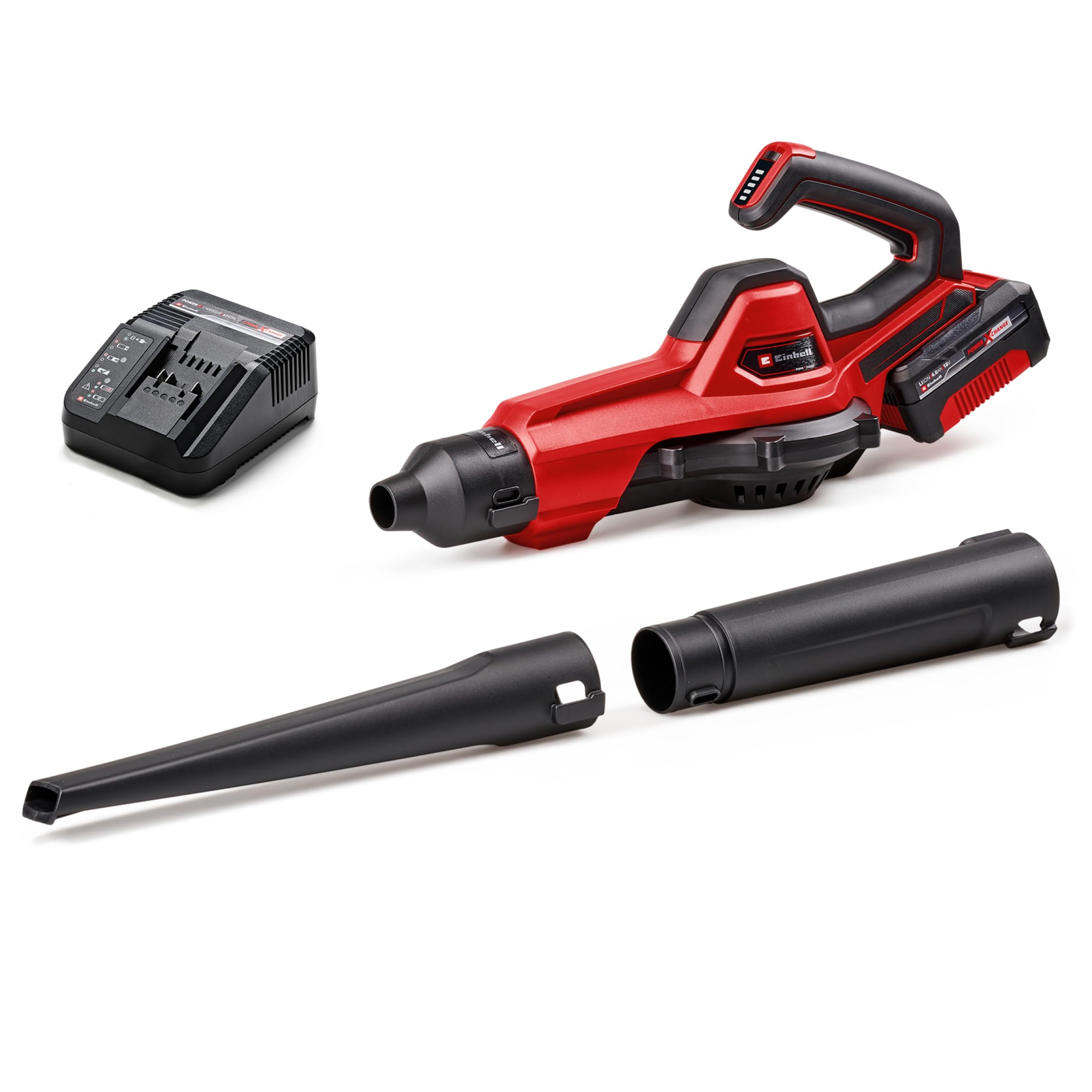 Einhell GE-UB Universal Cordless Blower 18/250 Li E (1 x 4.0 Ah) Power X-Change (18 V, Air Speed 250 km/h, 3-Part Tube, Speed Control with LED, with 4.0 Ah Battery + Charger) - Image 1