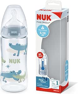 NUK First Choice+ Bottle | 6-18 Months | Temperature Control | Flow Control | Anti-Colic Aeration System | 360ml | BPA Free | Silicone Dummy | Crocodile (Blue) - Image 1