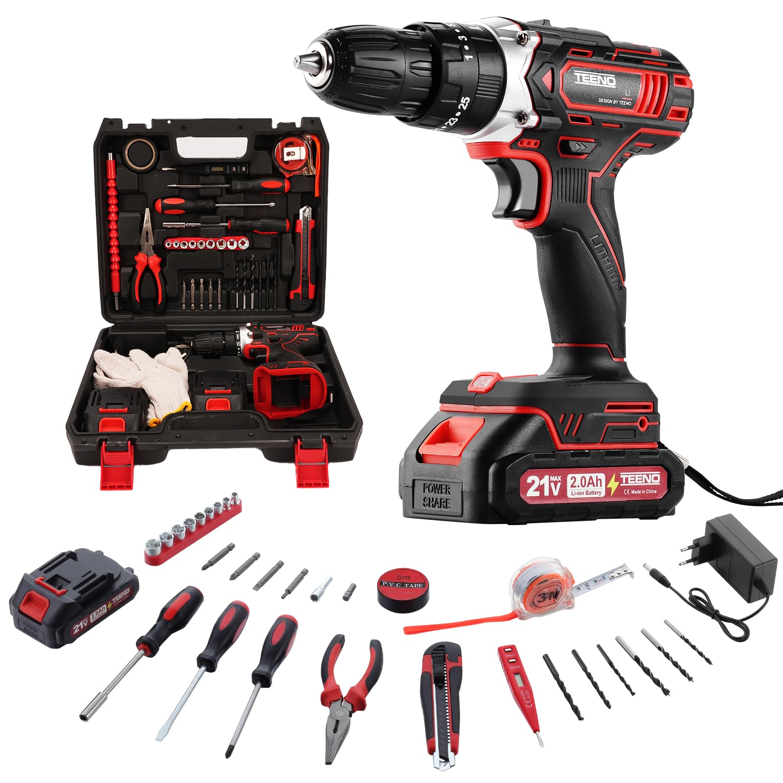 TEENO 21 V Cordless Drill for Makita Battery 2 x 2.0Ah Batteries, 45 Nm Cordless Screwdriver, 25 + 1 Torque Settings, 2 Speeds, LED, 46 Accessories and Suitcase, for Woodworking - Image 1