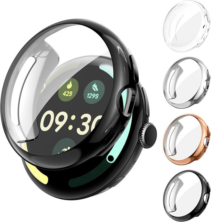 Kamita [4 Pieces] Case for Google Pixel Watch 4 45 mm, TPU Bumper Case with Screen Protector and Charging Adapter, Shockproof Protective Case for Pixel Watch4 45 (Clear+Black+Silver+Rose Gold) - Image 1