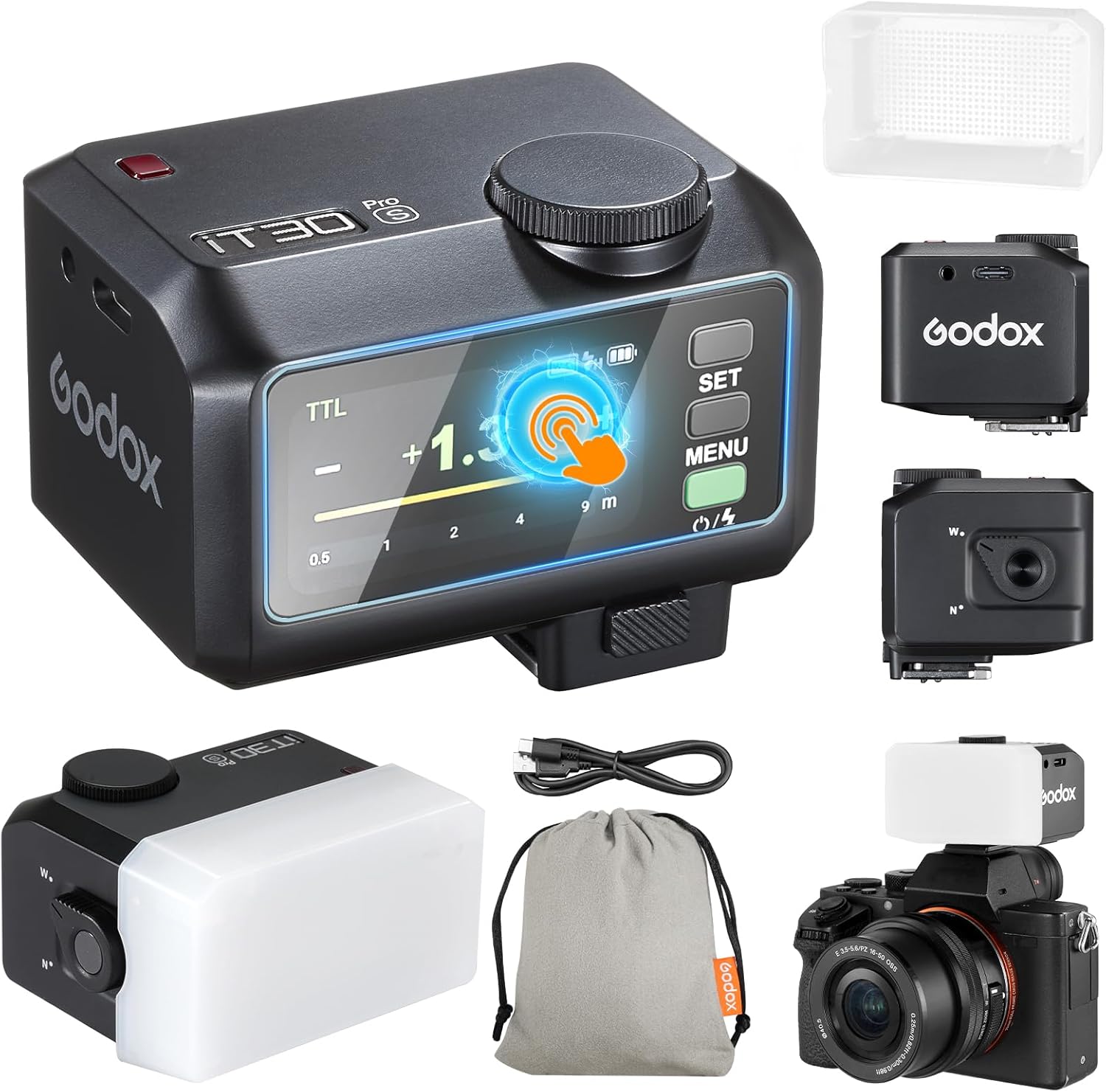 Godox iT30Pro-S iT30Pro S Mini Camera Flash with Diffuser White 560 Full Power Flashes 2.4G Wireless Master & Receiver GN15 TTL 1/8000s for Sony DSLR (Black) - Image 1