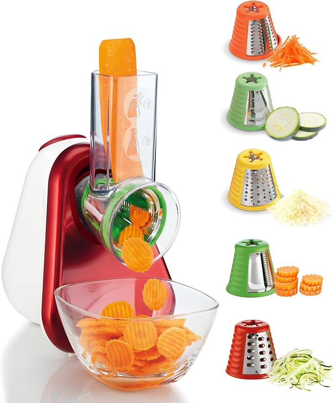 Moulinex Fresh Express 5-in-1 Vegetable Slicer, Slice, Grater, Wide Feed Tube, Colour Coded Tape, Made in France DJ755G10, Red, White - Image 1