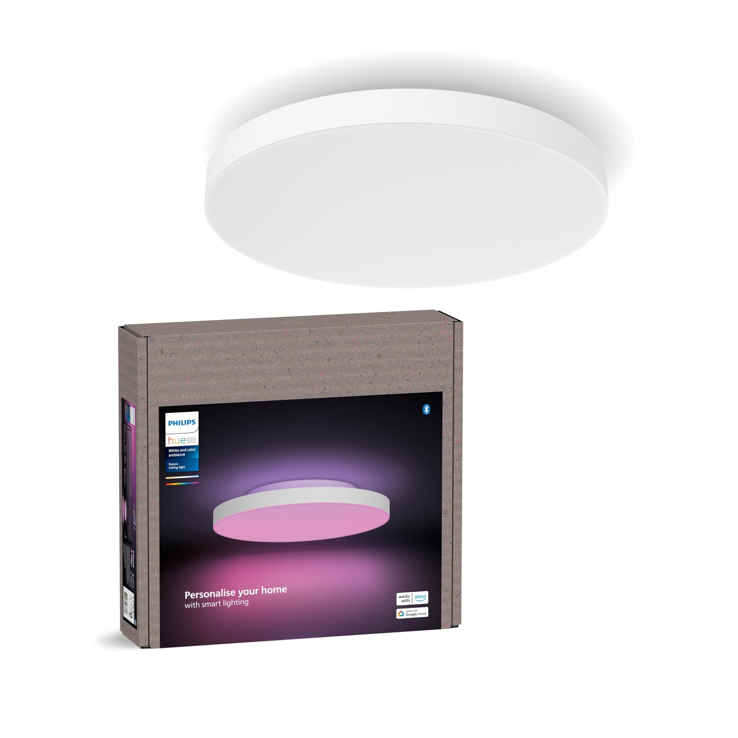 Panneau de plafond connecté Philips Hue Datura (grand rond 57,4 x 57,4 cm) blanc et lumière colorée, compatible Bluetooth, commande vocale avec Alexa, Apple Home et Google Assistant - Image 1