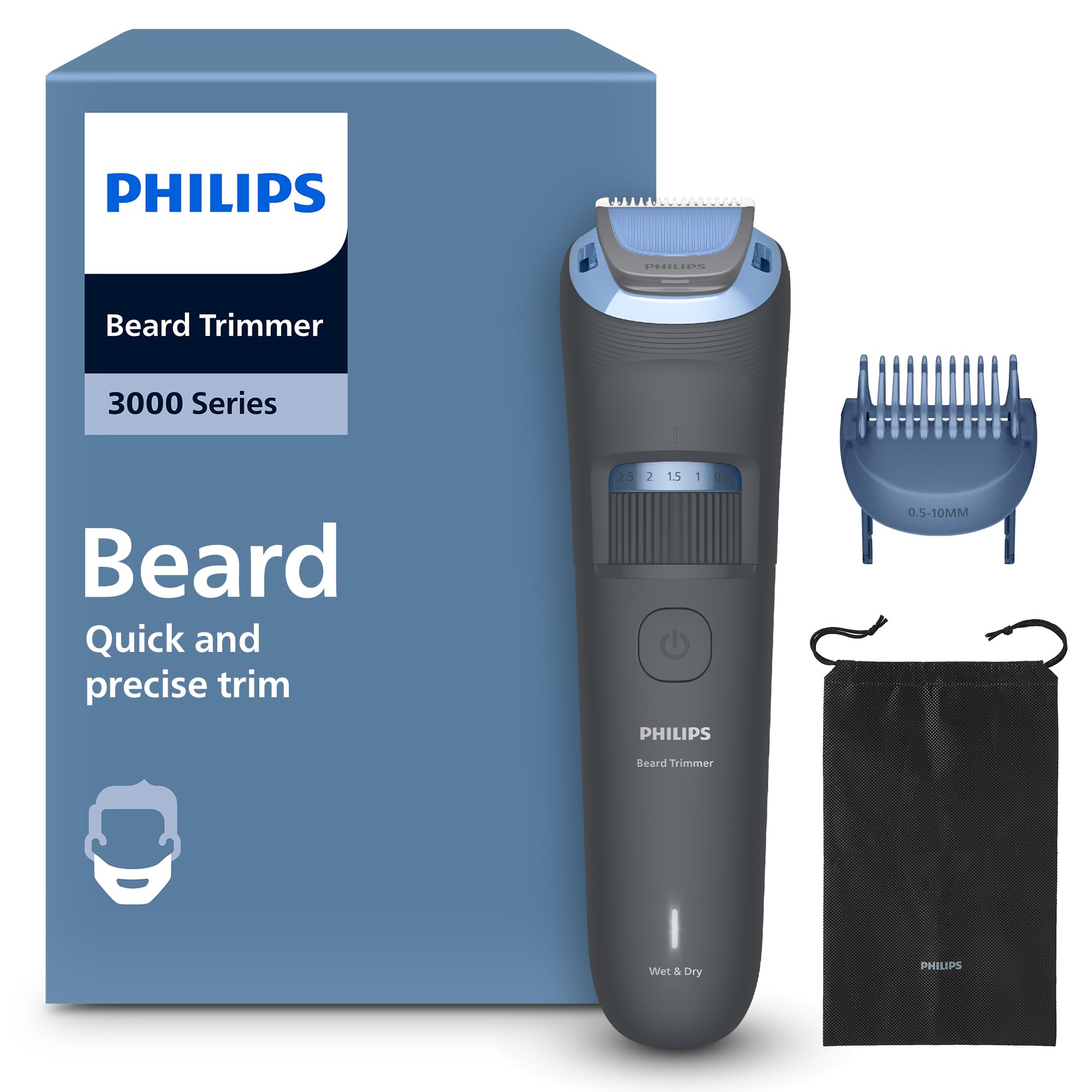 Philips Beard Trimmer Series 3000 – Rounded Edges, 20 Adjustable Cutting Heights, Lift & Trim Comb, 100% Waterproof, Autonomy Indicator, Soft Pouch, USB Charging, Model BT3619/15 - Image 1