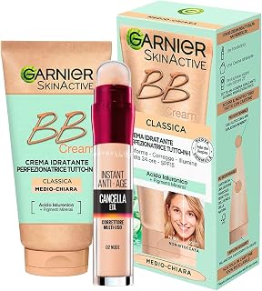 Garnier Skinactive BB Crème Visage Hydratante Perfectionneur Tout en 1 SPF25 Teinte Moyenne Clair + Effacer Age Correcteur Liquide Multi-Usages avec Applicateur Couleur 02 Nude - 2 Cosmétiques - Image 1