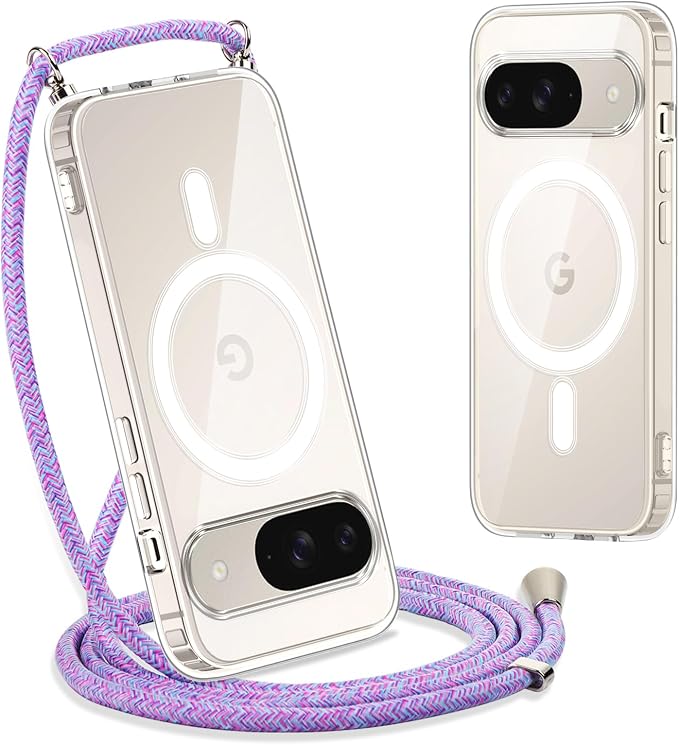 Yoedge Magnetic Necklace Case for Google Pixel 9/9 Pro with Cord 6.3 Inches, [Compatible with MagSafe] Transparent Adjustable Lanyard Necklace Case, Ultra Thin Silicone TPU Shockproof Case, Rainbow - Image 1