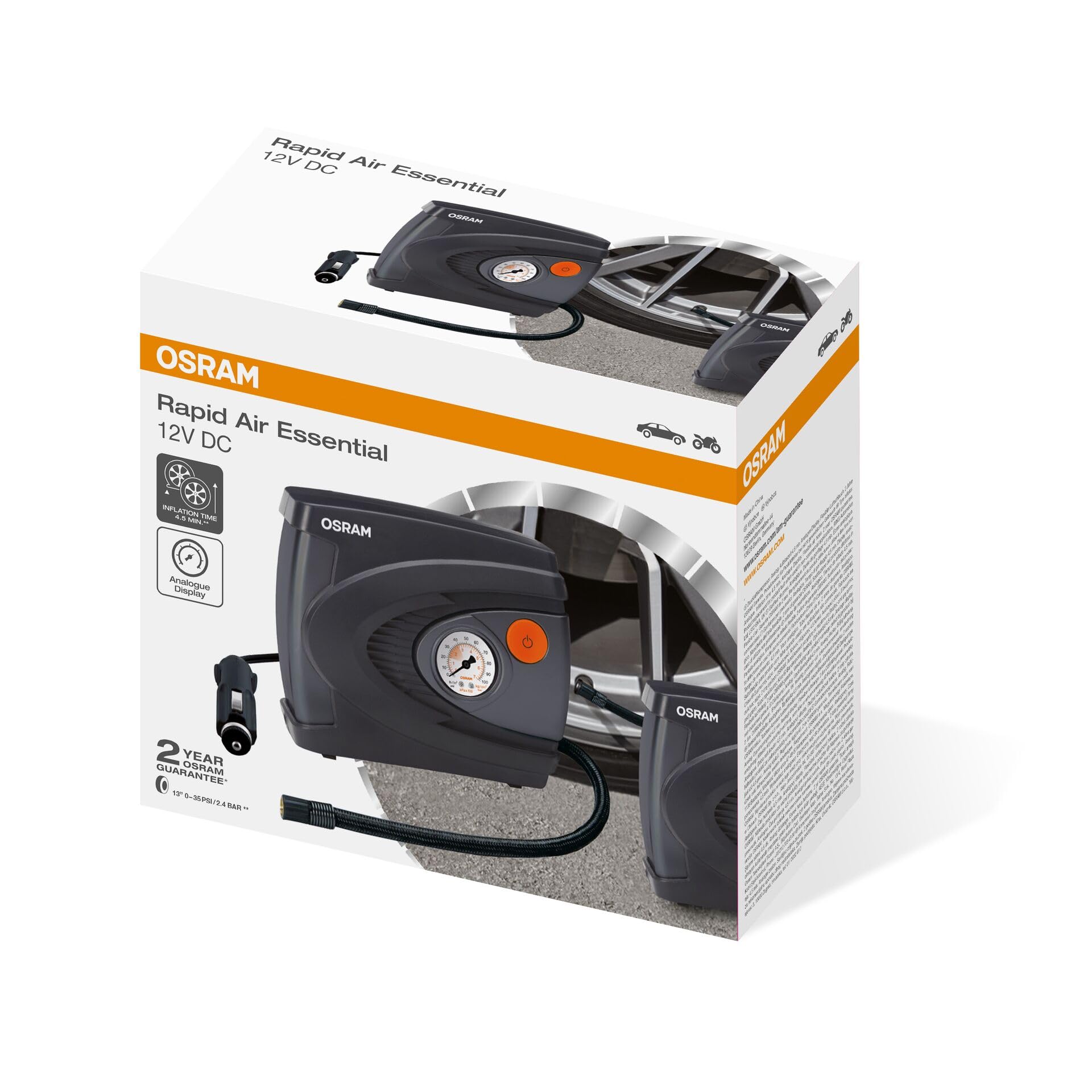 OSRAM Rapid Air Essential, Compact Analog Tyre Inflator, Inflates a Tire in 4.5 Minutes, OTI610, Powered by an Onboard 12V Plug, Black - Image 1