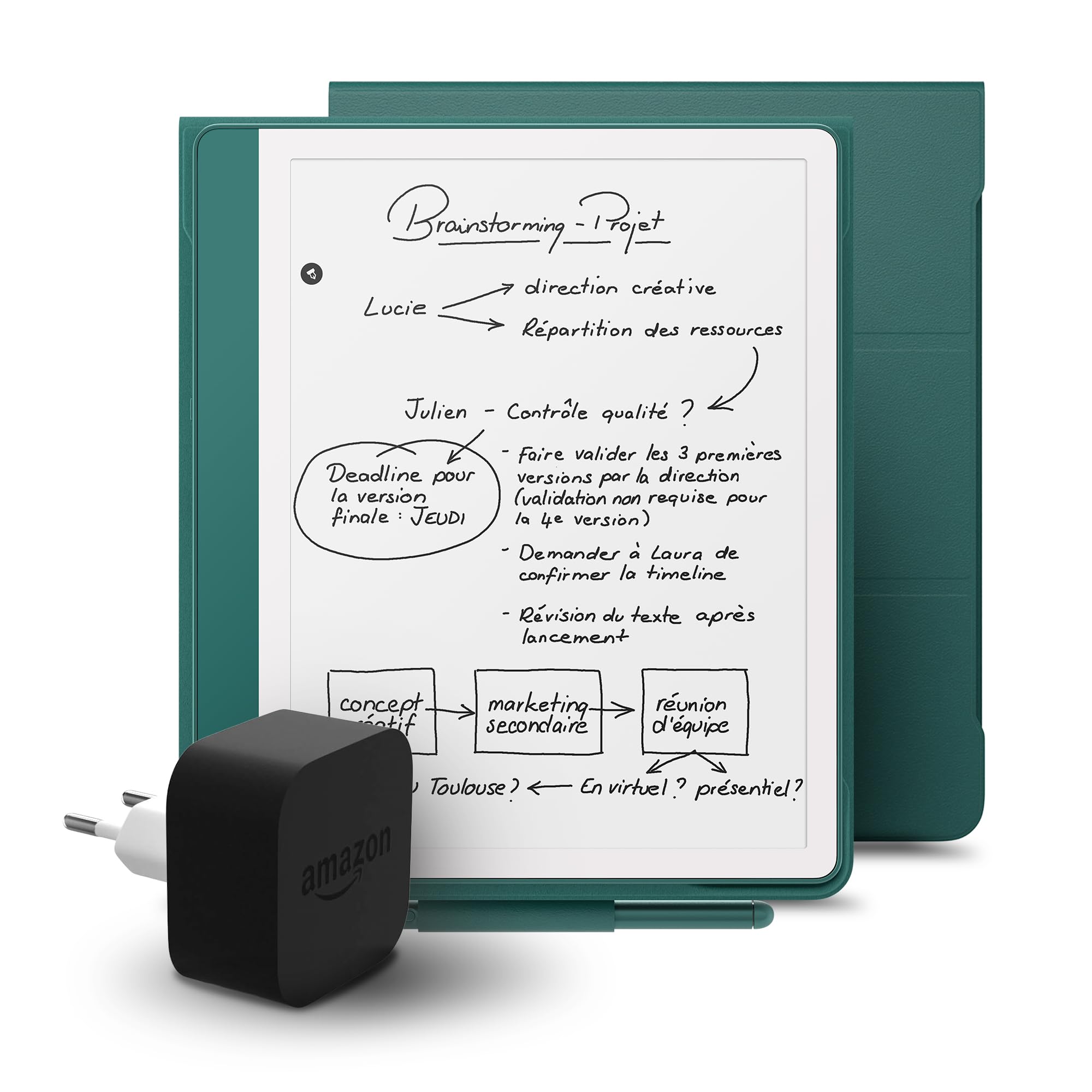 Kindle Scribe (2024 Release) 64 GB + Amazon Dark Emerald Premium Leather Cover + Amazon Powerfast 9W Power Adapter - Image 1