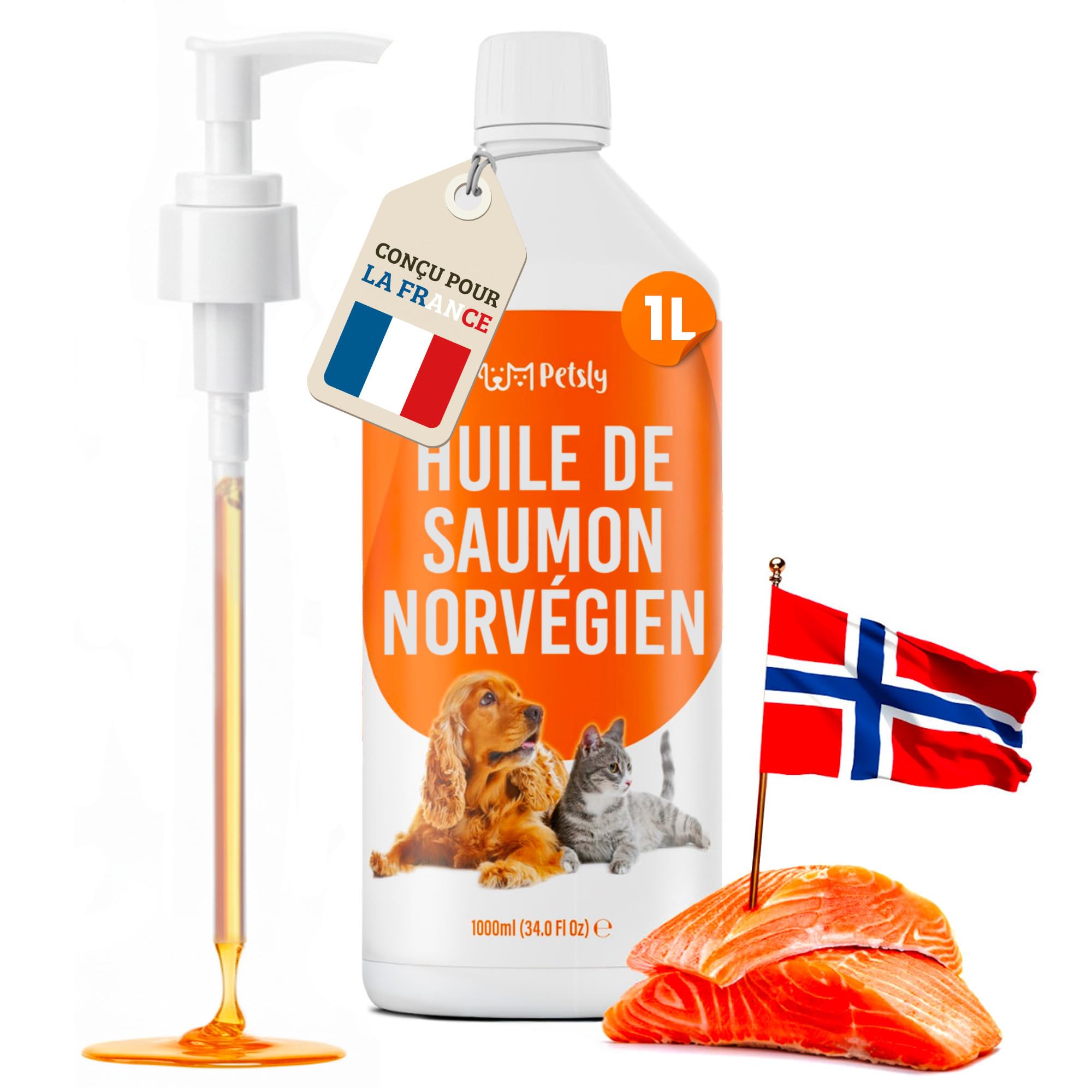 Salmon Oil for Dogs & Cats -1L- NORWAY, 100% WILD, Rich in Omega 3 6 9 & Vitamin E - Cold Pressed - Shiny Coat, Immune System & Reinforced Joint - Pump Included - Image 1