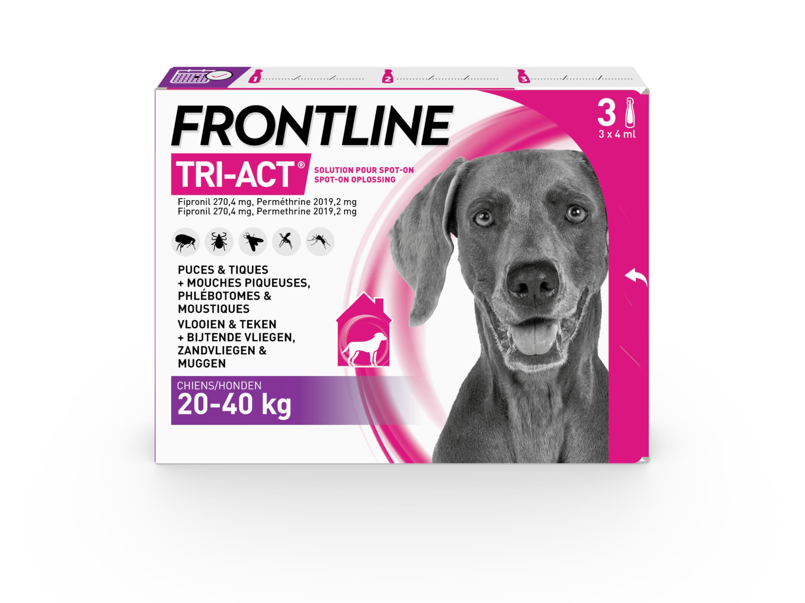 FRONTLINE Tri-Act Dog Fleas, Ticks, Mosquitoes, Phlebotomes & Flies – Radical Treatment in 6 Hours – for Large Dogs Weighing 20 to 40 kg – Made in France – 3 Spot On Pipettes - Image 1