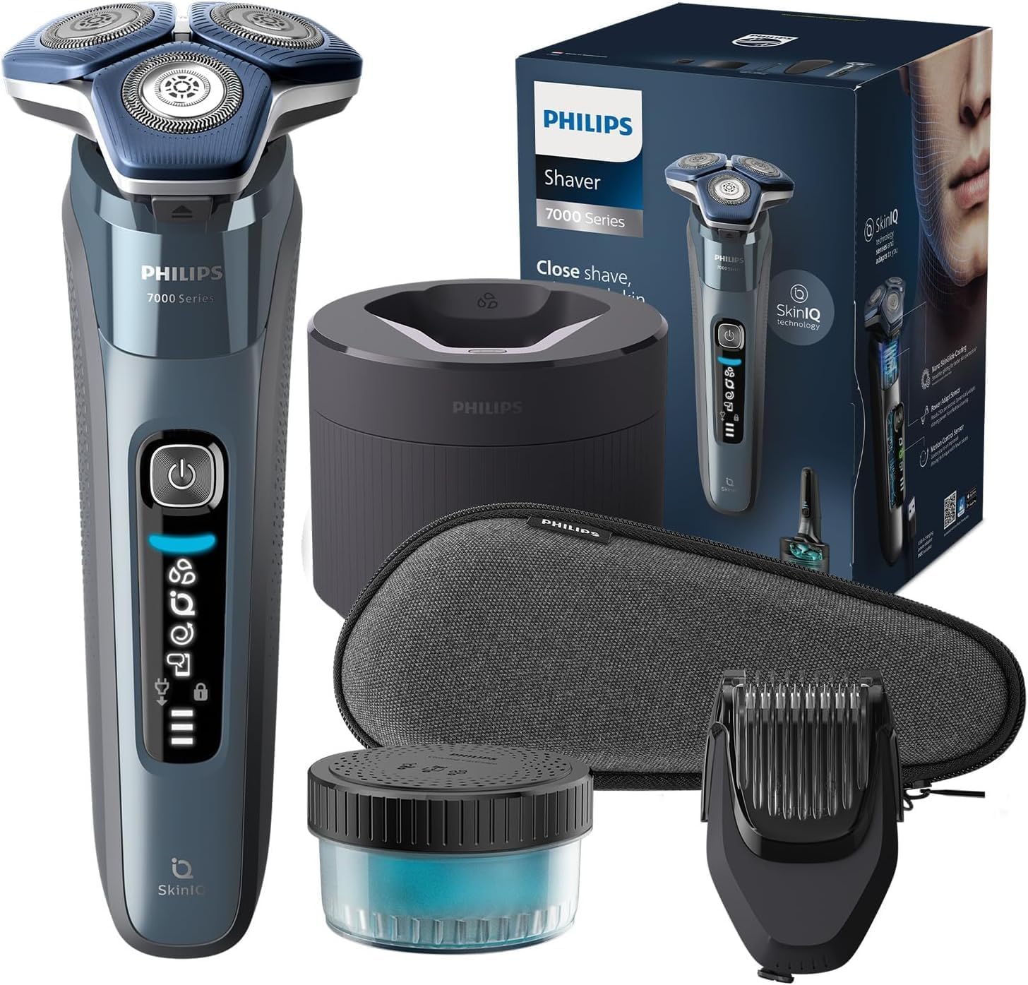 Philips Rasoir Philips Series 7000 - rasoir électrique Wet & Dry bleu glacier avec tondeuse rétractable intégrée, tondeuse à barbe, coffret de voyage, Quick Clean Pod et socle de charge (S7882/54) - Image 1