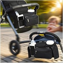 Unversal Organiseur de poussette avec 2 porte-gobelets isothermes, crochet réglable + sangle pour UPPAbaby/Bugaboo, porte-couches 8 poches et distributeur de lingettes, noir - Image 1