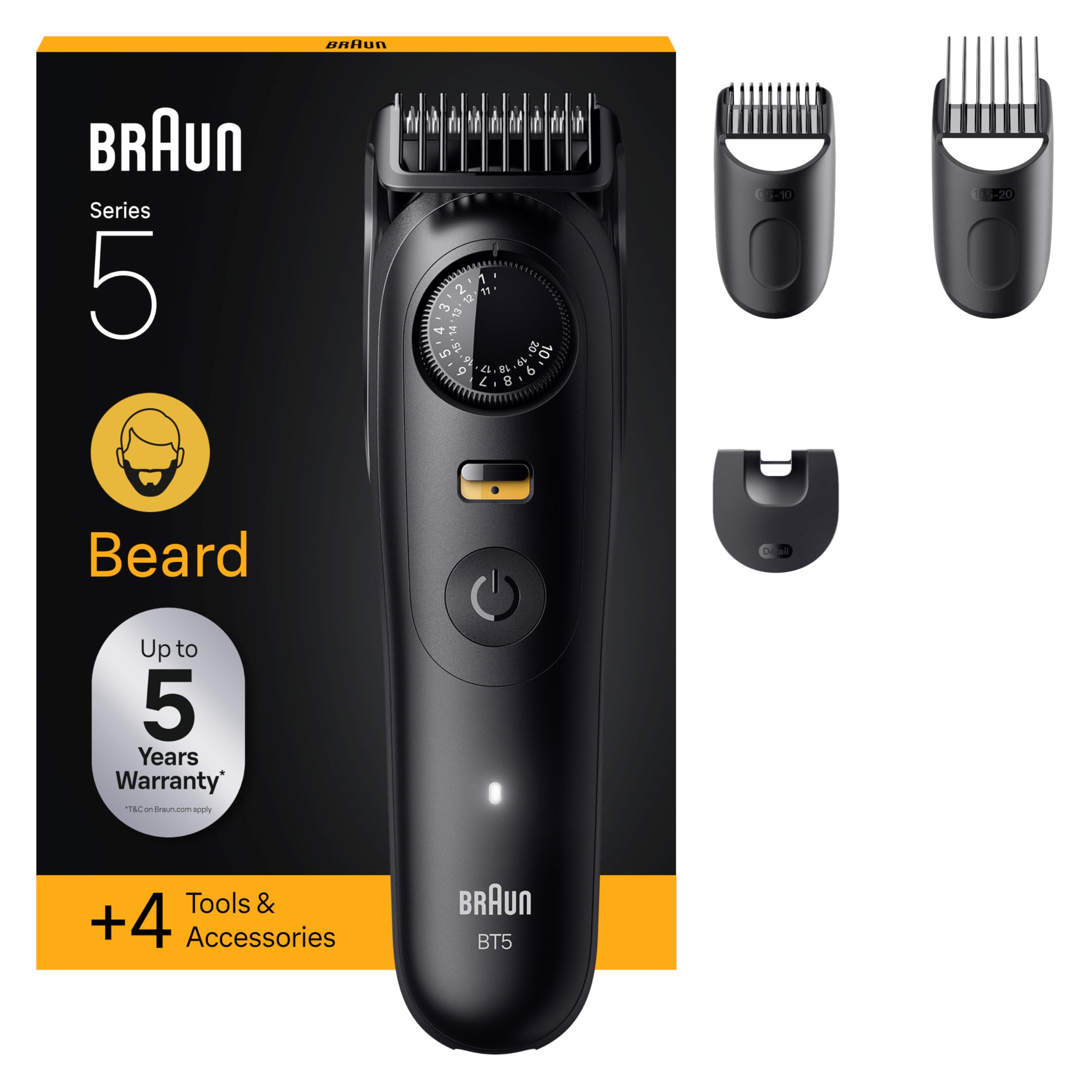 Braun BT5520 Series 5 Beard Trimmer + 4 Styling Tools, Ultra-Sharp Blade, 120 Min Runtime, 40 Lengths, Waterproof, Precision Wheel and Lock, BT5520, Black - Image 1