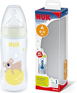 Nuk First Choice+ Night Bottle, 0-6 Months, Glow in the Dark Temperature Control, Anti-Colic Aeration System, 300 ml, BPA Free, Silicone Teat, Koala - Image 1