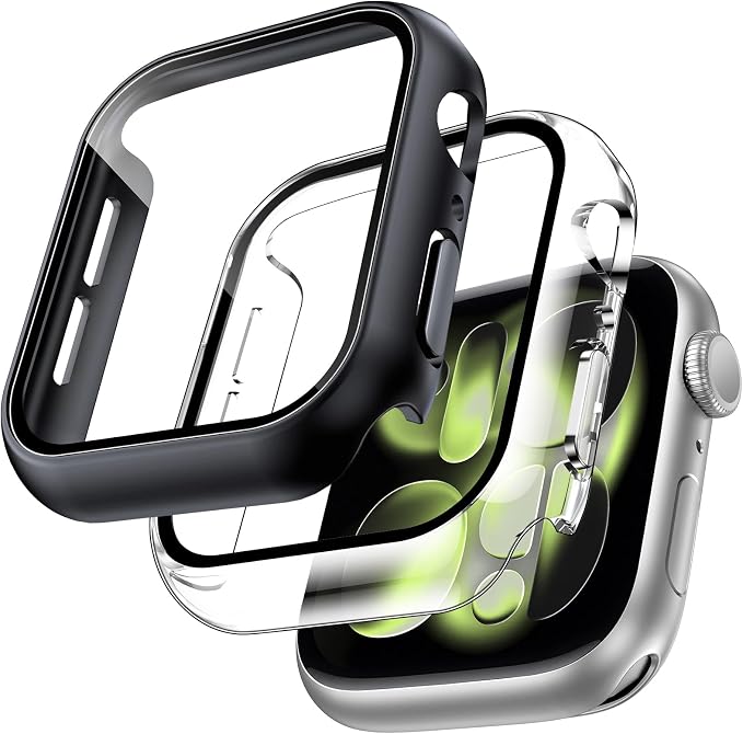 TOCOL 2-Piece Case for Apple Watch Series 11/10 46 mm, Built-in Tempered Glass Screen Protector Full Coverage, Sensitive Touch, Anti-Bubble, Shockproof, Clear/Black - Image 1
